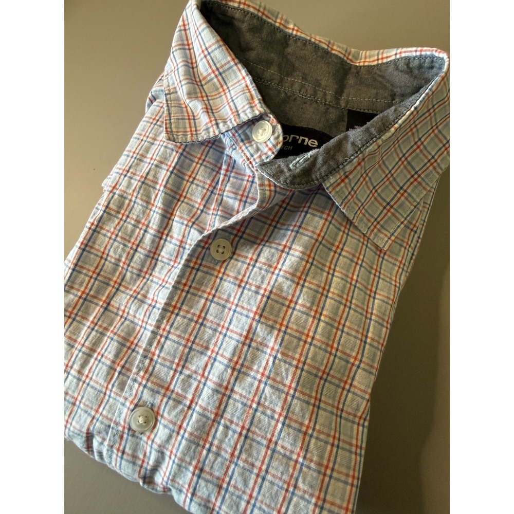 Claiborne Stretch Mens Small Plaid Button Down Shirt Blue Orange Long Sleeve